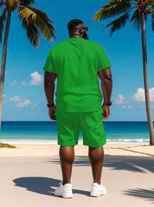 Plus Size Men 2 Pieces Contrast Color Print T-Shirt And Shorts Set