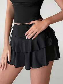Falda plisada de unicolor con cordón en la cintura para mujer, informal - Negro - Ver 4