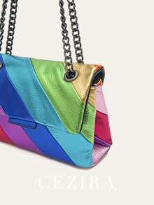 CEZIRA Women's Fashionable Metallic PU Vegan Leather Handbag Multi Color Stripes Patchwork Quilted Magnet Flap Cover Shoulder Bag Long Chain Cross Body Small Square Purse Elegant Versatile For Daily Use Holiday Dating Gift - Nhiều màu - Xem 7