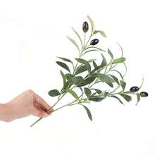 Rama de árbol de hojas de olivo artificial con fruta para decoración del hogar, jardín, jarrón, decoración de boda y ramo de flores de seda
