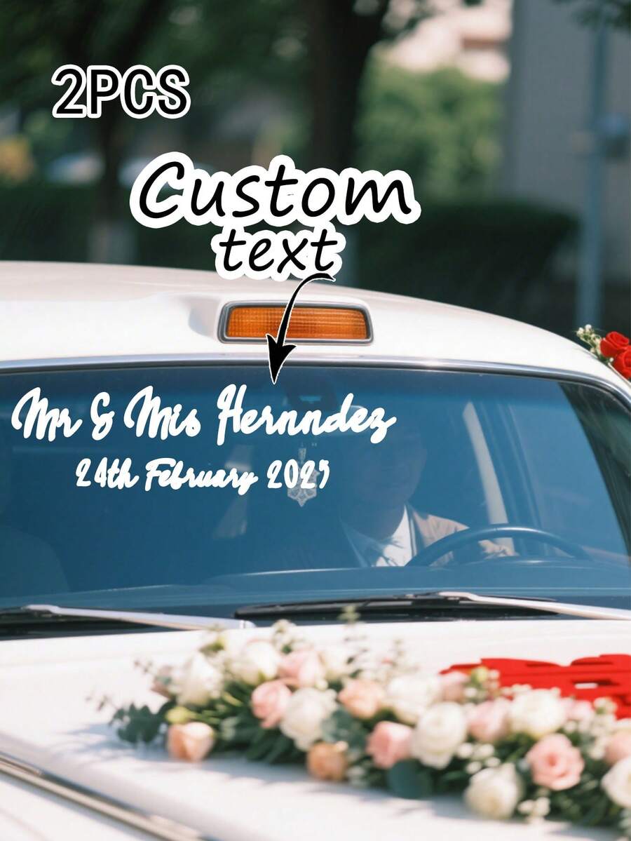 2pcs Customized Newlywed Wedding Car Stickers, Personalized Romantic Self-Adhesive Decals, Elegant Multi-Color Wedding Decoration, Single-Use, Suitable For Wedding Theme Decoration/Romantic Love Lettering, Waterproof And Weather-Resistant, Multi-Purpose For Car, Boat, Cup, Window, Door, Home Decor, Easy To Apply And Remove Without Surface Damage, Available In White, Black, Pink, Red, Gold, Yellow, Green, Mixed Color - Multicolor - View 1