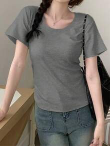 女士夏季纯色圆领短袖休闲 T 恤 - 深灰色 - 查看 6