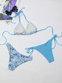 3pcs Women Ditsy Floral Printed Bikini Set: 1pc Swimwear Top & 2pcs Bikini Bottom, Sky Blue Swimwear - Sky Blue - View 2