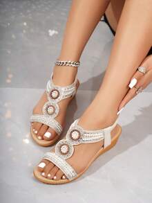 Women's Pearl & Rhinestone Embellished Open Toe Slide Sandals, Comfortable Block Mid Heels, Versatile Summer Shoes - White - View 5