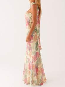 Women Y2k Floral Strapless Maxi Dress Boho Off Shoulder Sleeveless Bodycon Long Dress Summer Backless Tulle Tube Dress With Scarf - 彩色 - 查看 5