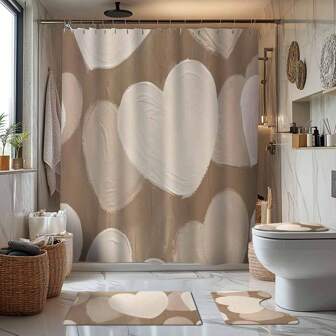 1/4-delige beige badkamerset met hartmotief, inclusief douchegordijn, badmat, U-vormig toiletmatje, toiletdeksel, waterdicht douchegordijn, moderne decoratieve badkamergordijnen, boren niet nodig, polyester, machinewasbaar, kamerdecoratie badkameraccessoires voor het nieuwe schooljaar
