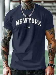 Camiseta Masculina New York USA Estampada Usa Camisa 100% Algodão Gola Redonda em Malha Premium - Azul Marinho - Visão 1