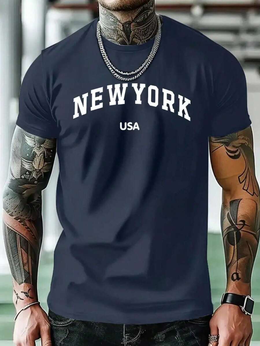 Camiseta Masculina New York USA Estampada Usa Camisa 100% Algodão Gola Redonda em Malha Premium - Azul Marinho - Visão 1