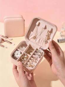 1pc Portable Jewelry Storage Box, Travel Earring Necklace Ring Box, Simple Jewelry Storage Box For Rings, Earrings, Necklaces, Gifts, PU Waterproof Jewelry Storage Box, Large Capacity Jewelry Display Box, Mini Double Layer Ring Box With Buckle And Zipper Closure, Suitable For Earrings, Necklaces, Rings, Watches, Bracelets, Lipsticks And Other Accessories - Multicolor - View 7