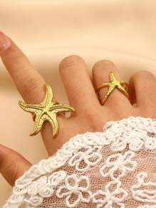 2pcs/Set Personalized Starfish & Shell 18k Gold Plated Stainless Steel Rings, Fashion Jewelry For Women Beach Resort Decoration, Gift