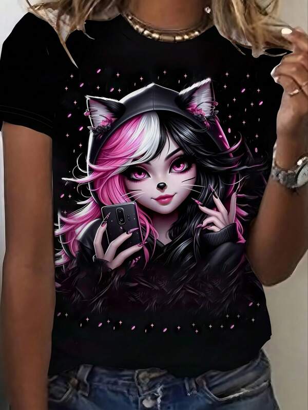 T-shirt femme mode 3D "Ange noir anime" - Manches courtes, col rond décontracté avec design de personnage aux cheveux rose vif et blancs. Style confortable adapté à toutes les saisons