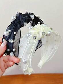 1pc Girls Mesh Pearl Headband, Versatile High-End Rhinestone Hair Hoop With Teeth, Non-Slip Hair Accessory - Multicolor - View 2