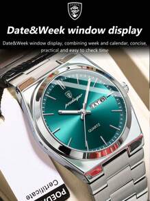 1pc Fashion Waterproof Luminous Stainless Steel Watch For Man With Date Week Display Casual Quartz Men's Watches Suitable For Daily Wear Male Wristwatch+Box