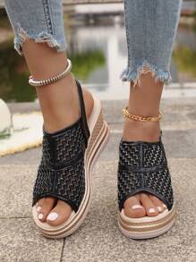 Sandali da donna con zeppa platform in stile bohémien, sandali estivi con tacco alto, zeppa spessa e punta aperta, scarpe eleganti