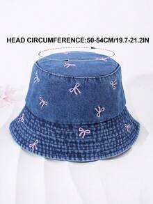 1 件儿童刺绣图案遮阳休闲破洞渔夫帽，适合户外活动和日常使用 - 蝴蝶結-深藍 - 查看 5