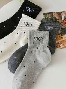 4 Pairs Kids' Spring/Summer Bow Dot Collegiate Style Lace Elastic Mid-Calf Socks - Multicolor - View 4