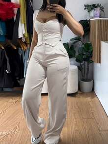 2 Piece Thick Strap Button Front Slim Fit Tank Top High Waist Wide Leg Pants Casual Outfit Set - Apricot - View 4