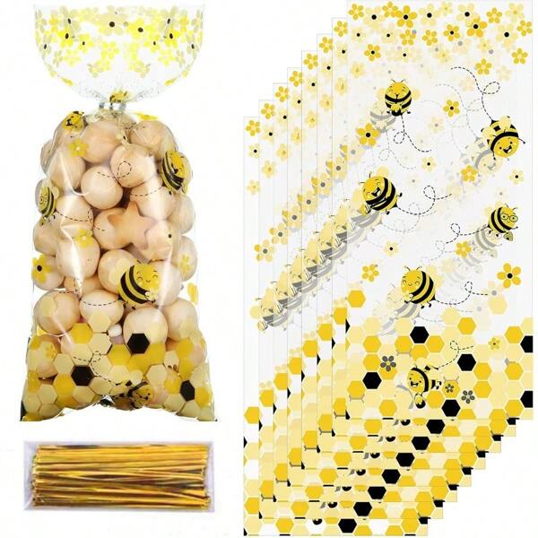 100 peças de sacos de lembrancinhas de festa de abelha, sacos de celofane para guloseimas, sacos de plástico para doces de abelha com 100 laços torcidos para festa de aniversário infantil, chá de bebê, suprimentos para festa