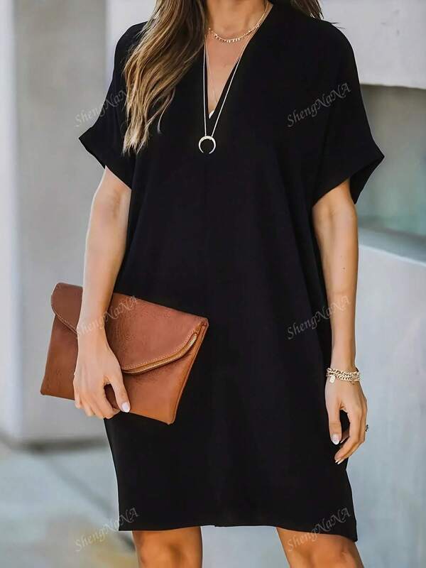 Plus Size Women V-Neck Solid Color Loose Casual Short Sleeve Dress, Suitable For Daily, Vacation, Beach