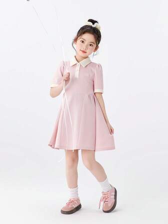 zosee Young Girl Polo Collar Short Sleeve Princess Dress, Pink Collegiate Style, 2025 New Collection