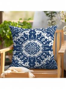 New Explosive Retro Blue And White Porcelain Printed Pattern Polyester Short Plush Home Decoration Sofa Cushion Cover 4 (No Pillow Core)