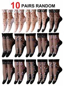 10 Pairs Women's Sheer Lace Trim Ankle Socks, Lightweight Breathable Mesh Socks, Cute Long Socks, Suitable For Autumn - Multicolor - View 11