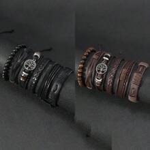 6pcs Retro PU Tree Of Life Beaded Woven Bracelets Set, Suitable For Men's Daily Wear