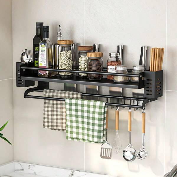 A Kitchen Storage Rack, Seasoning Rack, Knife Rack, Anti-Corrosion And Anti-Rust Carbon Steel Material, Storage And Organization Of Kitchen Utensils, Can Store Chopsticks, Spoons, Knives, Cloth, Seasoning Bottles (Black) (Gray) Two Colors Can Be Selected (30-70cm) In Size