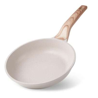  RIOVARM 24cm Induction Non-Stick Frying Pan, Granite Frying Pan, PFOA-Free Egg Pans, Omelette Pan With Woodgrain Bakelite Handle, Beige Frying & Universal Pans For All Hob Types, Cookware, 9.5 Inch