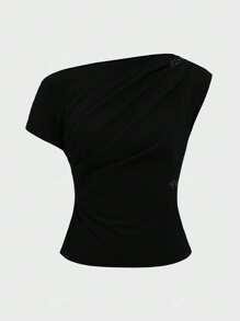 Elegant Basic Casual Peculiar Gorgeous Asymmetrical Neck Crop Top For Women, Minimalist Sexy Oblique Shoulder Fitted Short Midriff-Baring Top, Sweet Sexy