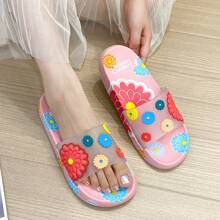 New Cute Flower Printed Slippers For Women, Indoor/Outdoor Non-Slip Soft Sole Breathable Bathroom Slide Sandals, Summer