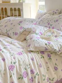 4pcs Romantic Purple Rose Duvet Cover Set (1 Duvet Cover + 1 Bed Sheet + 2 Pillowcases), Green Leaf & Floral Pattern, Cozy Home Decor For All Seasons, Cover & Cases Only