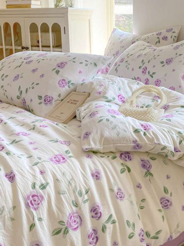 4pcs Romantic Purple Rose Duvet Cover Set (1 Duvet Cover + 1 Bed Sheet + 2 Pillowcases), Green Leaf & Floral Pattern, Cozy Home Decor For All Seasons, Cover & Cases Only
