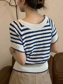 Alicedudu Camiseta feminina estilo francês chique ombro a ombro listrada manga curta, verão - Azul - Ver 5
