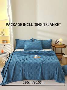 1pc Peacock Blue Waffle Plush Flannel Soft Comfortable Blanket, Suitable For Bedroom And Guest Room