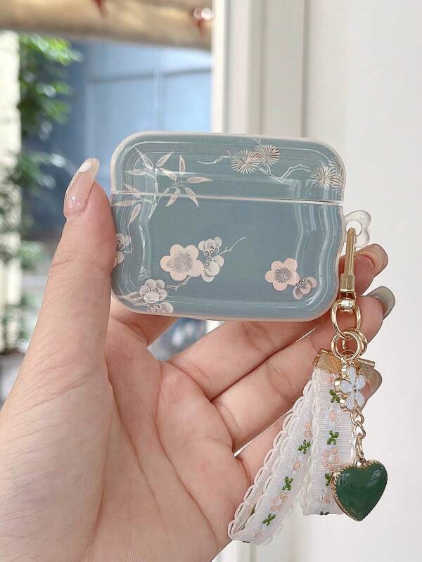 1pc Wavy Edge Dark Green Floral Cute Animal Polka Dot Bluetooth Earphone Case With Pendant, Compatible With Apple 1/2/3/4, Pro/Pro2 Wireless Earbuds, Dustproof Shockproof Protective Cover