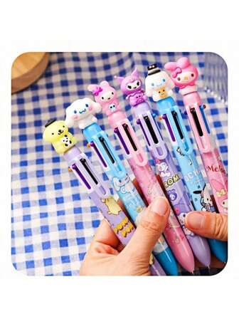 Sanrio 6 pièces Stylos à bille de formes de dessins animés mignons Sanrio, 6 couleurs adorables, stylos de planification multicolores, design avec clip, pression confortable, recharge facile, papeterie créative pour étudiants, un stylo à bouton-poussoir effaçable très délicat et mignon avec forme de dessin animé, stylo à bille à encre bleue lisse