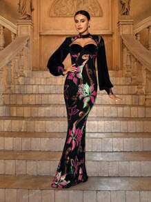 Women's Long Sleeve Prom Dress With Random Print, Black Elegant Formal Evening Wedding Guest Gown, For Graduation, Dinner Party Dress