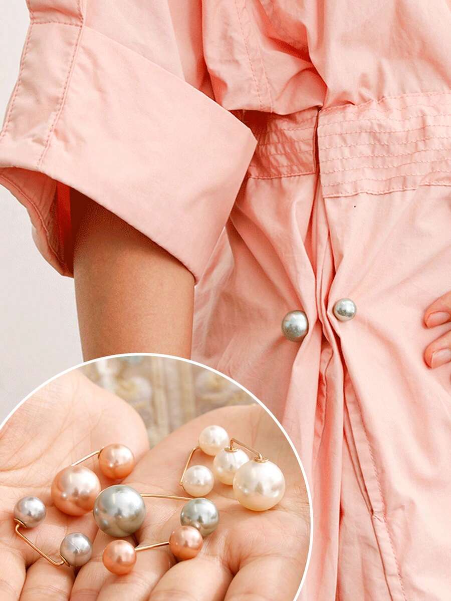 6 Stücke schlichte Perlen-Sicherheitsnadeln, unsichtbare Brosche für Kleidungsstücke, Kragen kann zu kleiner vielseitig dekorativer Knopf umgewandelt werden, Kleidungszubehör - Verschiedenfarbig - Übersicht 1