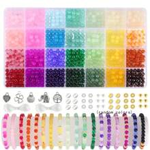 1250 pièces/100 pièces Perles rondes en verre de 6 mm, kit de fabrication de bracelets perlés, comprenant 28 couleurs de perles en verre cristal, pendentif en alliage, fil à perler, pour la réalisation de bracelets, colliers, boucles d'oreilles, artisanat, kit de perles pour débutants (couleurs aléatoires)