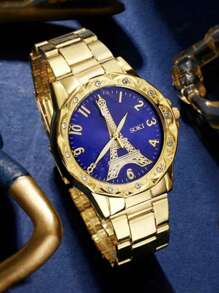 Set de 5 piezas que incluye reloj de mujer con esfera de torre Eiffel con diamantes de imitación y set de joyería con gema azul. Reloj adecuado para uso diario, vuelta al cole, temporada de graduación, Acción de Gracias, regalos de pareja. No incluye caja de regalo.