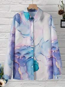 Elegant, Casual, Everyday Full Body Print Polyester Button Front Blouse, Suitable For Office, Holiday, Leisure, Spring/Summer