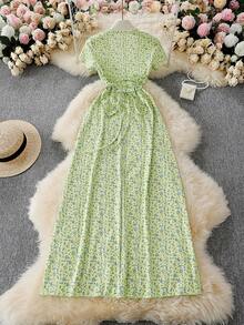 Women's Spring And Summer Dress Fashion Print U-Neck Tie Waist Short Sleeve Dress - Yellow - View 8