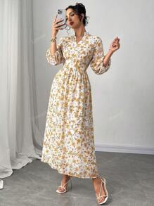 Nuovo arrivo Abito elegante da donna con stampa floreale, manica a lanterna/scollo a V/linea A, primavera/estate