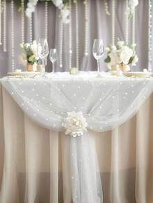 1pc Pearl Decor Table Runner, White Pearl Sheer Tulle Wedding Table Cloth, Wedding Arch Decor, Wedding/Bridal Shower, Party Decor, Chair Sash, Event Backdrop, Christmas, Wedding Decoration Nylon Mesh Fabric, New Pearl Hollow Out Mesh Fabric, Valentine's Day - White - View 3