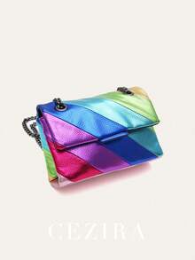 CEZIRA Women's Fashionable Metallic PU Vegan Leather Handbag Multi Color Stripes Patchwork Quilted Magnet Flap Cover Shoulder Bag Long Chain Cross Body Small Square Purse Elegant Versatile For Daily Use Holiday Dating Gift - Nhiều màu - Xem 4