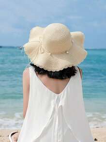 Sombrero de paja con ala ondulada, sombrero de sol de verano de moda con lazo decorativo, ala ancha para playa y vacaciones, para mujer