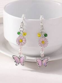 1 par de pendientes con borlas con mariposa, abeja y margarita de perla falsa con estilo pastoral y diamante de imitación, adecuados para uso diario de mujeres, viajes, regalo del Día de la Madre - Multicolor - Ver 6