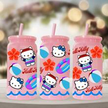 Sanrio 1 pieza Botella de agua de plástico rosa de 16 oz con estampado de Hello Kitty de Sanrio, adecuado para café, bebidas, cerveza, leche, jugo, un gran regalo de hidratación de verano para ella (con pajita reutilizable)