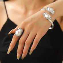2pcs/Set Elegant Stainless Steel Smooth Water Drop, Starfish, Shell, Snake Geometric Multi-Element Bracelet And Ring Jewelry Set, Fashion Jewelry Gift For Women, Summer Beach